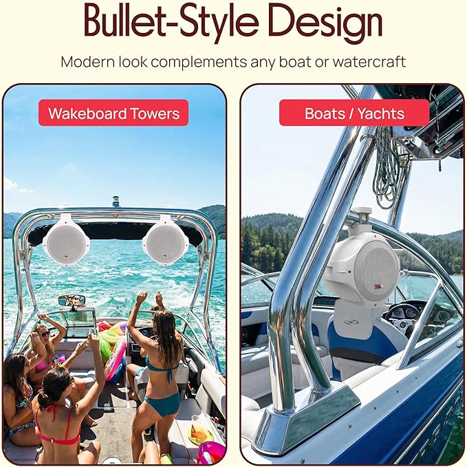 Pyle Wakeboard Tower Speakers, 8” 300W Dual Waterproof Subwoofer Speakers & 1” Tweeter, 2-Way Outdoor Marine Audio System, Bullet Style Design Suitable for Boats with Mounting Brackets, White (1 Pair)