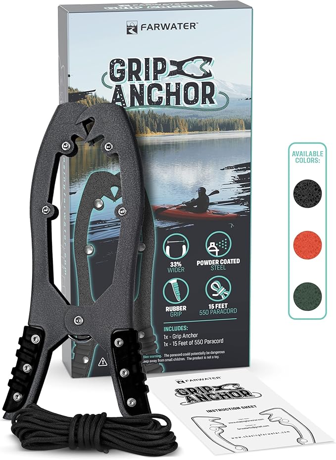 Canoe Anchor Grip - Boat, Float Tube & Kayak Fishing Accessories, Kayaking Equipment - Brush Clamp Anchor with Teeth - Gripper with 15ft Paracord - Rubber Grips - Coated Steel -