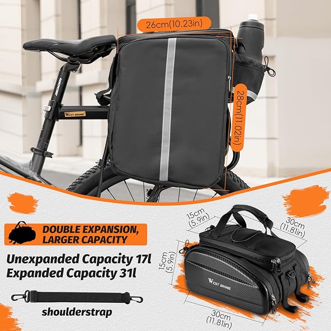 West Biking Waterproof Hard Shell Bike Rear Rack Bag 31L Capacity EVA Bicycle Trunk Pannier Bag for Commuting Touring Mountain Road E-Bike with Rain Cover (Black-3: 31L capacity)