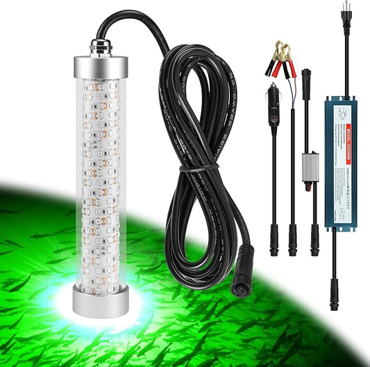 水中集魚灯 12V / 110V 夜間ボートドックカヤック用魚誘引ライト、クラッピー スヌーク イカ ベイト ナマズ用水中グリーンライト (16.4ft / 33ftケーブル)