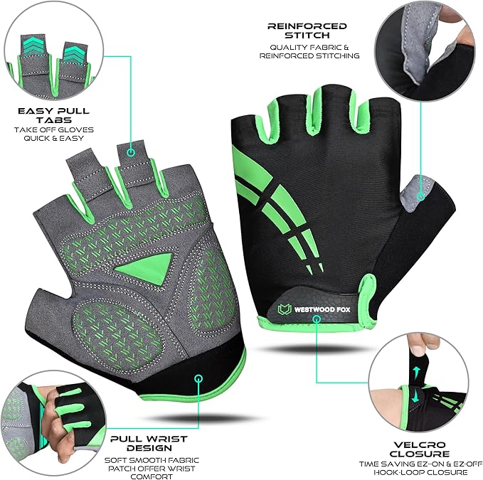 WESTWOOD FOX Cycling Gloves for Men Women,Half Finger Unisex Gel Padded Anti-Slip Mountain Bike Gloves, Breathable Shock Absorption Grip Palm Bicycle Summer Riding MTB Bike Gloves