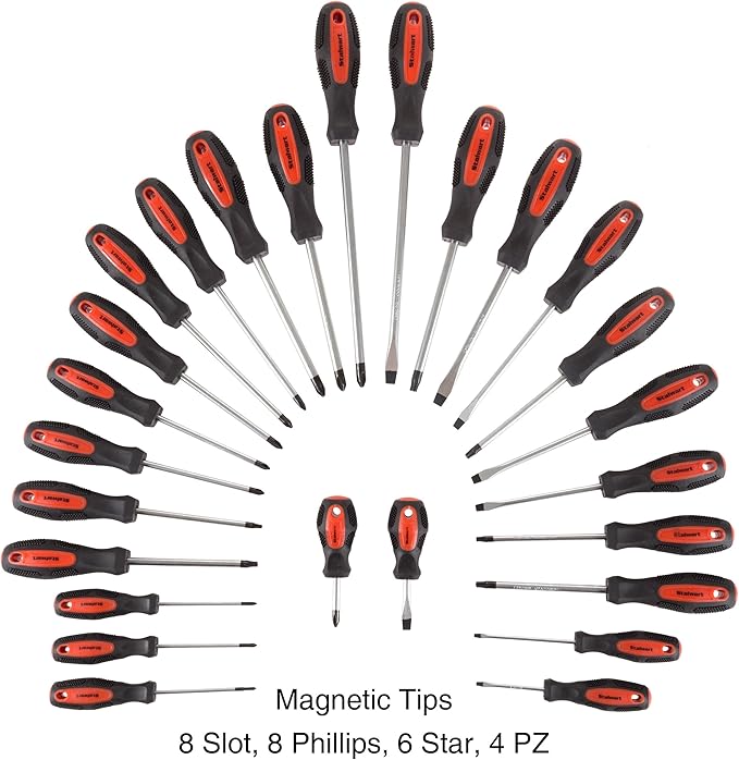26-Piece Screwdriver Set with Wall Mount, Stand, and Magnetic Tips - Phillips, Slotted, Pz, and Star Screw Tips by Stalwart (Black)