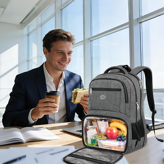 MATEIN Laptop Backpack with Lunch Box, 18 Inch Gray Mens Work Backpack for Office Commute College, Personal Item Insulated Lunch Work Bag for Traveling, Heavy Duty Travel Back Pack with Luggage Strap