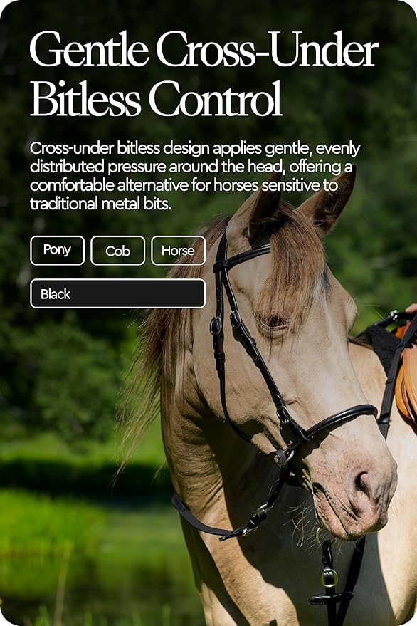 HORZE Genuine Leather Cross-Under Bitless Bridle | Includes Web Reins with Hand Stops
