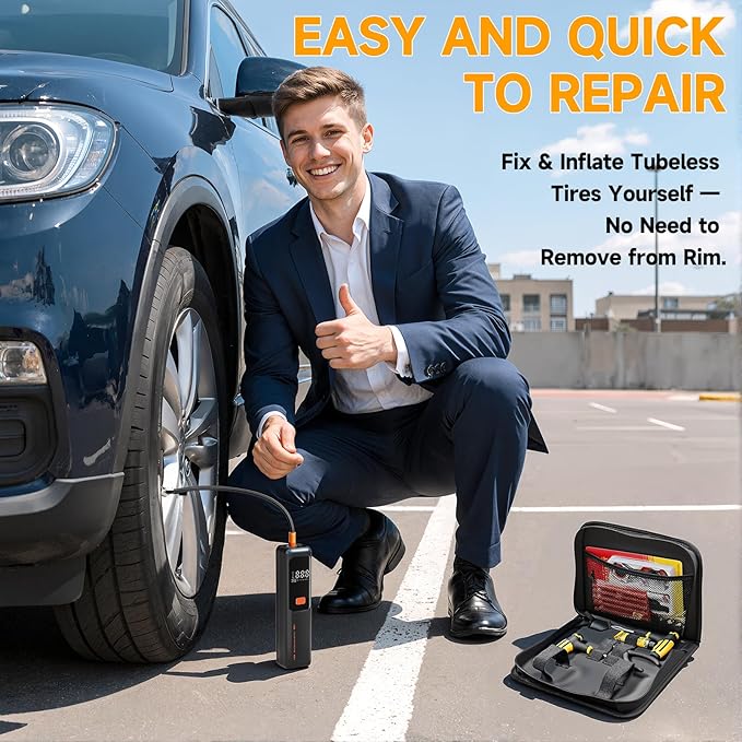 Tire Repair Kit with Air Compressor - ZGWATO Motorcycle Flat Tire Repair Kit, Tire Patch Kit to Fix Punctures and Plug Flats, Universal Tire Repair Tools for Car, Truck, Jeep, ATV, Tractor, Trailer