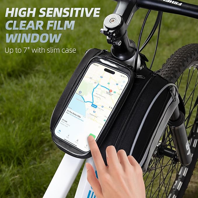 Smasrob Bike Frame Bag with Detachable Touchscreen Phone Window, 4 Zipper Pockets, Bicycle Handlebar Bag with Night Reflective Strips, Black