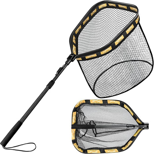 PLUSINNO Floating Fishing Net for Steelhead, Salmon, Fly, Kayak, Catfish, Bass, Trout Fishing, Rubber Coated Foldable Landing Net with Fixed or Telescoping Pole Handle, Fishing Gear and Gifts for Men