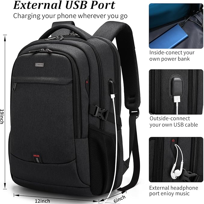 DUSLANG 17 Inch Laptop Backpack for Travel Water Resistant College Backpack for Men/Women Laptop Bag with USB Charging Port and TSA lock,Black