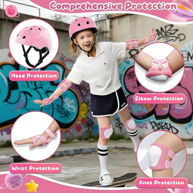 Kids Bike Helmet Set for Boys Girls Toddler Bicycle Helmet Adjustable Skateboard Helmet Protective Gear Set Knee Elbow Wrist Pads for Children Cycling, Scooter, Outdoor Sports