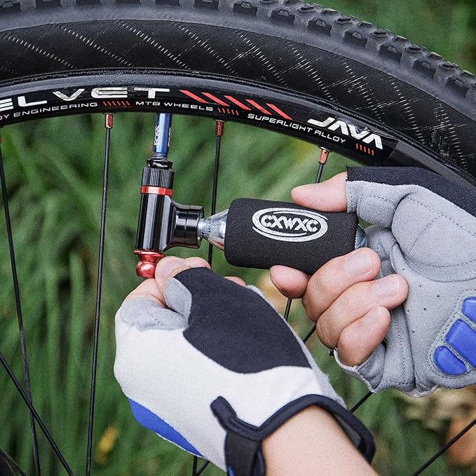 CO2 Inflator Kit with 5 X 16g CO2 Threaded Cartridges- Presta & Schrader Valve Compatible -Portable CO2 Bike Tire Pump Come with Glueles Repair Kit for Road & Mountain Bike