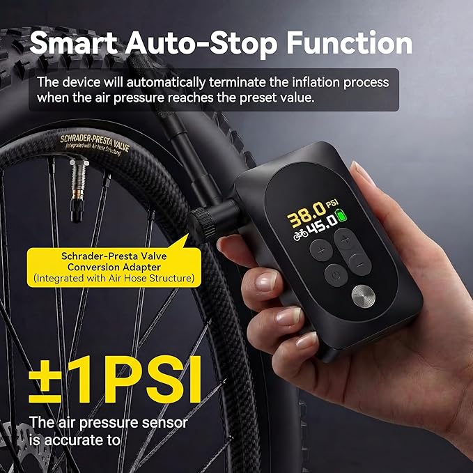Mini Electric Bike Pump, 120g Ultra-Light 150 PSI Portable Bike Tire Inflator with Digital Gauge, USB-C Rechargeable Auto-Stop, Presta & Schrader for Road Mountain E-Bike