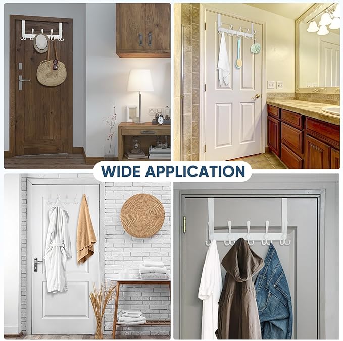 TICONN Over The Door Hooks, 5 Heavy Duty Tri Coat Rack All Metal Coat Hanger for Bathroom Bedroom Dorm (White, 2PK, Fit 1-3/8" Doors)