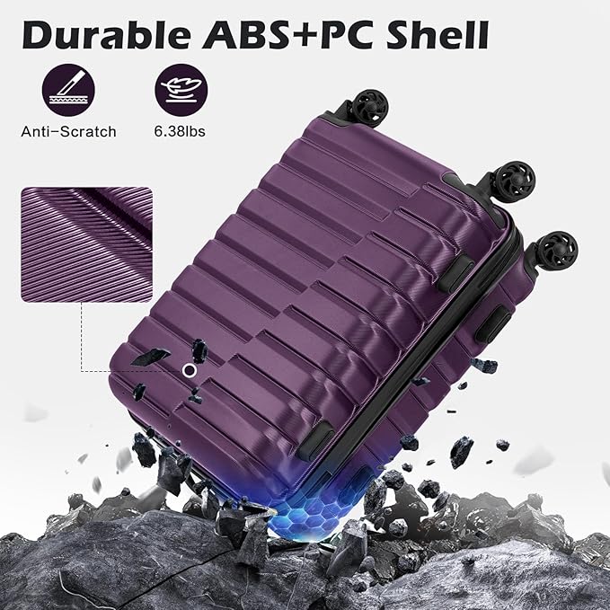 Coolife ミディアムスーツケース ハードシェル キャリーオン スピナーホイール TSAロック テレスコピックハンドル 24インチ-パープル