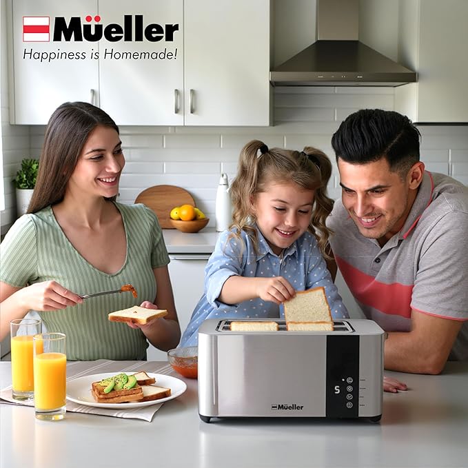 Mueller UltraToast ステンレス製トースター 4枚切り – 食パン、ベーグル、冷凍ワッフル対応 1.6インチ幅広スロット、6段階焼き色調節、LEDディスプレイ、キャンセル/解凍/再加熱機能、取り外し可能なくず受け皿