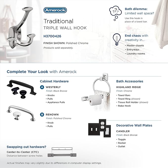 Amerock H3700426 | Vicinity Triple Prong Decorative Wall Hook | Polished Chrome Hook for Coats, Hats, Backpacks, Bags | Hooks for Bathroom, Bedroom, Closet, Entryway, Laundry Room, Office
