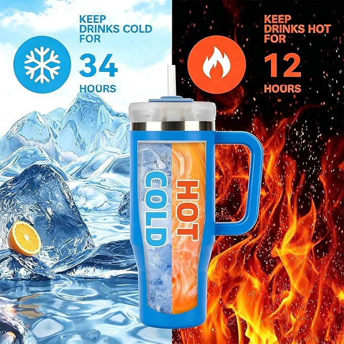 TYESO Vacuum Insulated Tumbler Water Bottle Cold Insulation Stainless Steel Bottle Straw Handle Mug Double Wall Wide Mouth (KLEIN BLUE, 40 oz)