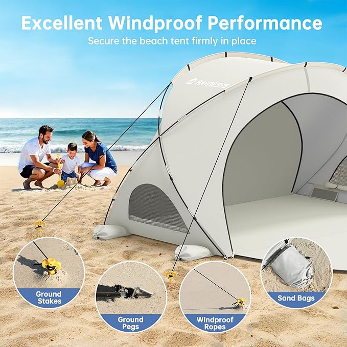Beach Tent Sun Shelter, Beach Shade Tent with UPF50+ UV Protection, Sun Shelter for 1-3 Person, Beaches Shade with 2 Zippered Doors, Portable Tents for Camping Fishing, Beige