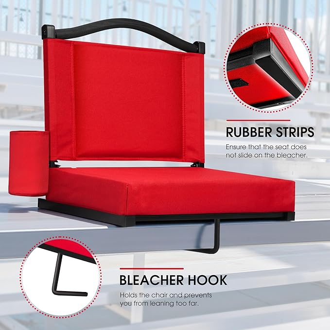 Fragess Bleacher seat, Stadium Seats with Back Support and Thick Cushion, Bleacher Chairs with Shoulder Strap and Side Pocket, Stadium Seat for Bleachers, Perfect for Sports Events(RED)