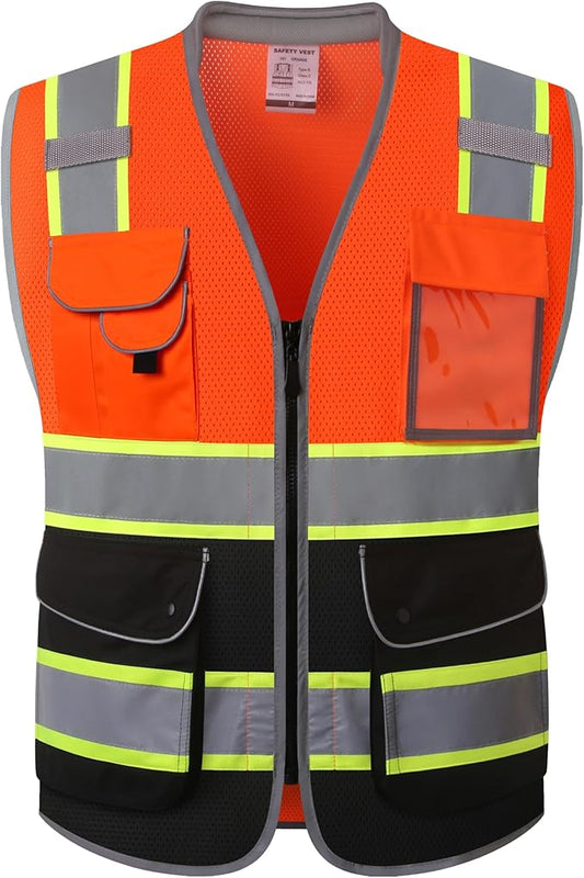 JKSafety 9 Pockets Hi-Vis Safety Vest High Visibility Reflecitive Mesh Safety Vests for Men and Women Cushioned Collar Work Utility PPE Work Gear ANSI/ISEA compliant Class 2 (101-OBlk L)