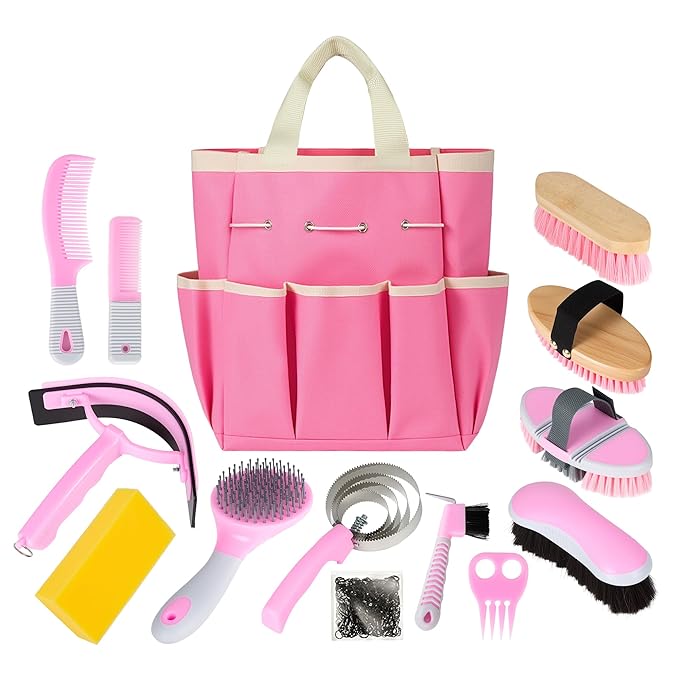 Horse Grooming Kit, 14-in-1 Professional Horse Brush Supplies Set for Grooming & Care, with Horse Brushes, Curry Comb, Hoof Pick & Waterproof Storage Tote Bag for Shining, Detangling, Massaging(Pink)