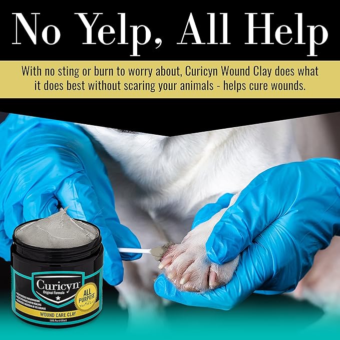 Curicyn Animal Wound Care Clay 16oz. - Vet-Approved Natural Skin Ointment For Dog, Cat, Horse, and Other Livestock - Bentonite Clay with Aloe Treatment - Gentle No Sting Fast-Acting Formula