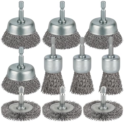 10 Pcs Wire Brush for Drill, Coarse Carbon Steel Crimping Wire Wheel Brush, 1/4 Inch Hex Shank, Cup Brush Drill Bit for Cleaning Rust, Stripping and Abrasive