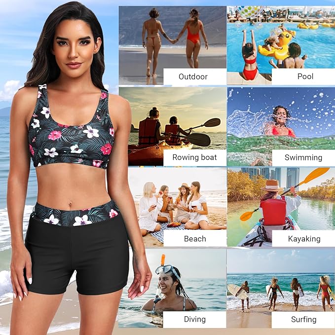 Holipick Long Sleeve Swimsuits for Women - 3 Piece Rash Guard with Shorts Zipper SPF Swim Shirt with Built in Bra