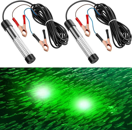 Geelin 2 Pcs 12v 10w Green Underwater Fishing Light Submersible Lure Bait LED Fishing Attracting Light Night Green Glow Finder Lamp for Pool Boat Sea Ice Crappie Squid Shad Shrimp