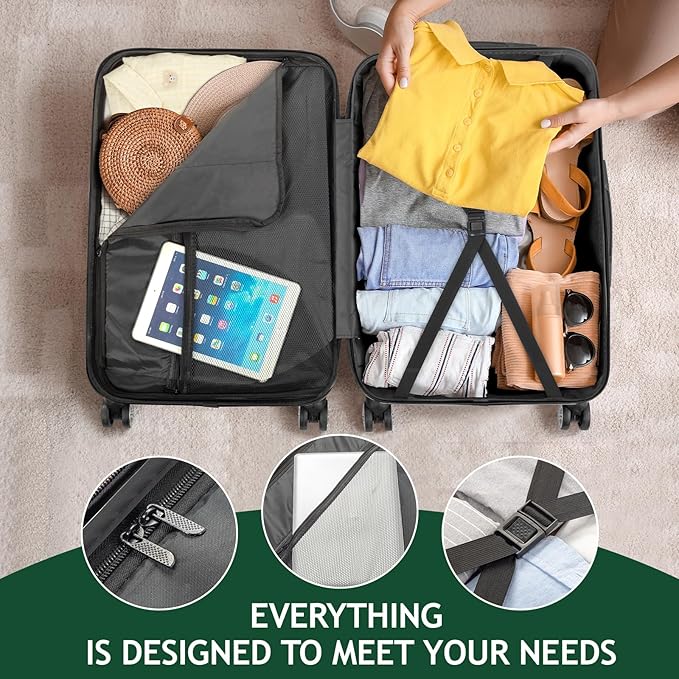 Karl home Luggage Set of 3 Hardside Carry on Suitcase Sets with Spinner Wheels & TSA lock, Portable Lightweight ABS Luggages for Travel, Business - Black(20/24/28)