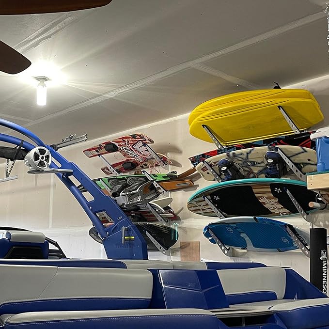 StoreYourBoard Adjustable Wakeboard Storage Rack – Wall Mount 4 Level Display, Heavy Duty Water Sports Gear Hanger for Wakeboards, Wakesurf Boards, and More, Holds up to 100 lbs