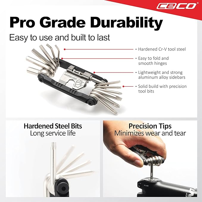 CECO USA 20 Function Bike Tool with Chain Breaker, Bicycle Multi Tool, Heavy Duty, Compact Pocket Sized, Lightweight, High Strength CR-V 6150 Tool Steel, Easy To Carry, Case Pouch Included