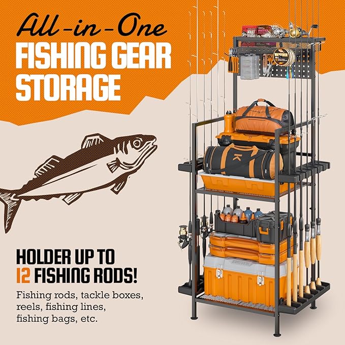 Fishing Rod Holders for Garage with Pegboard & Metal Mesh Basket, Fishing Rod Storage Rack, Vertical Fishing Pole Holder for Up to 12 Poles, Tackle Gear Organizer