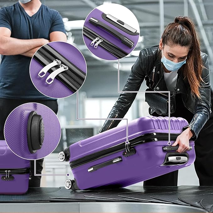 Karl home Luggage Set of 3 Hardside Carry on Suitcase Sets with Spinner Wheels & TSA lock, Portable Lightweight ABS Luggages for Travel, Business - Purple (20/24/28)