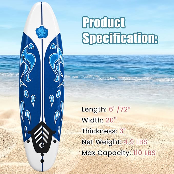 KOTEK 6' Surfboard, Surfing Board with 3 Removable Fins, Safety Leash, EPS Core & EPE Deck, Lightweight Surf Board for Teenagers, Adults, Beginners