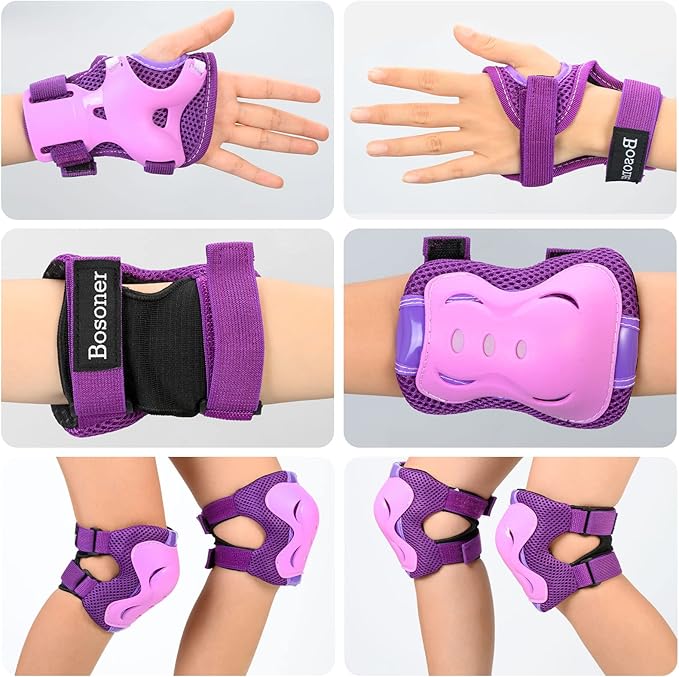 BOSONER Knee Pads for Kids Roller-Skating: Adjustable Protective Gear Set Knee Elbow Pads Wrist Guards for Bike Cycling Skateboarding Scooter Gifts 3-8 / 9-15 Years Boys Girls