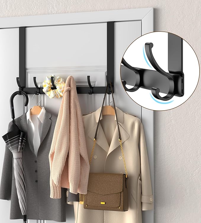 KitchLife Long Over The Door Hooks Hanger with 15.75 inches Extended Arms, Fits 1 3/8" Doors, F40U, 6 Double-Hanger Design Thickened Heavy Duty Bathroom Towel Rack Organization, Matte Black, 1 Pack