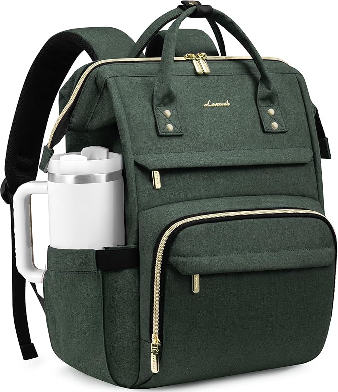 LOVEVOOK Laptop Backpack for Women with Giant Tumbler Holder Pocket,18 inch Waterproof Travel Backpack Purse Computer Laptop Bag,Professional Work College Nurse Teacher Backpack Daypack,Dark Green