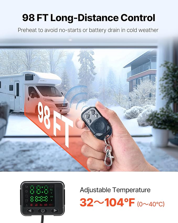VEVOR Diesel Heater, 8KW DC12-24V, Fast Heating Diesel Parking Heater with Remote Control and Black LCD Switch, Low Noise, Pre-Heating Function, for RV, Truck, Camper, Van, Boat and Trailer