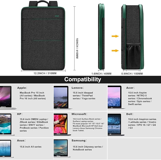 ZINZ Slim & Expandable Laptop Backpack 15 15.6 16 Inch Sleeve with USB Port, Spill-Resistant Notebooks Bag Case for Most 14-16 Inch MacBooks Surface-Books Dell HP Lenovo Asus Computers, BK01GR01