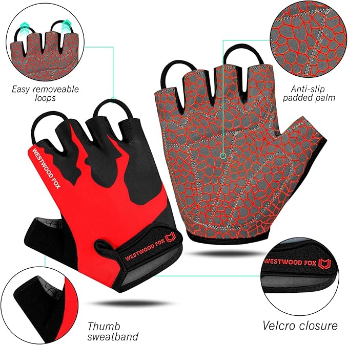 WESTWOOD FOX Cycling Gloves Half Finger Unisex Padded Grips Palm Bicycle Summer MTB Bike Gloves for Men Women Non-Slip Fingerless Short Mountain Bike Sports Hiking Climbing Gym