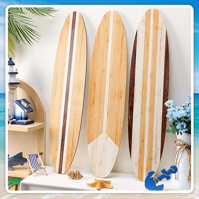 Gerrii 3 Pieces Surfboard Wall Decor 23.6" x 5.4" Preppy Beach Room Decor Aesthetic Large Wooden Cute Beachy Tropical Wall Art for Surfer Bedroom Bathroom Decorations(Log Color,Stripe)