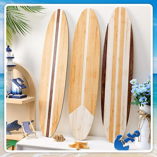 Gerrii 3 Pieces Surfboard Wall Decor 23.6" x 5.4" Preppy Beach Room Decor Aesthetic Large Wooden Cute Beachy Tropical Wall Art for Surfer Bedroom Bathroom Decorations(Log Color,Stripe)