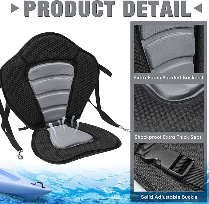 Lewtemi 2 Pack Kayak Seats with Back Support Adjustable Sit on Top Padded Boat Seat with Detachable Storage Bag and 8 Fixed D Ring and Screws