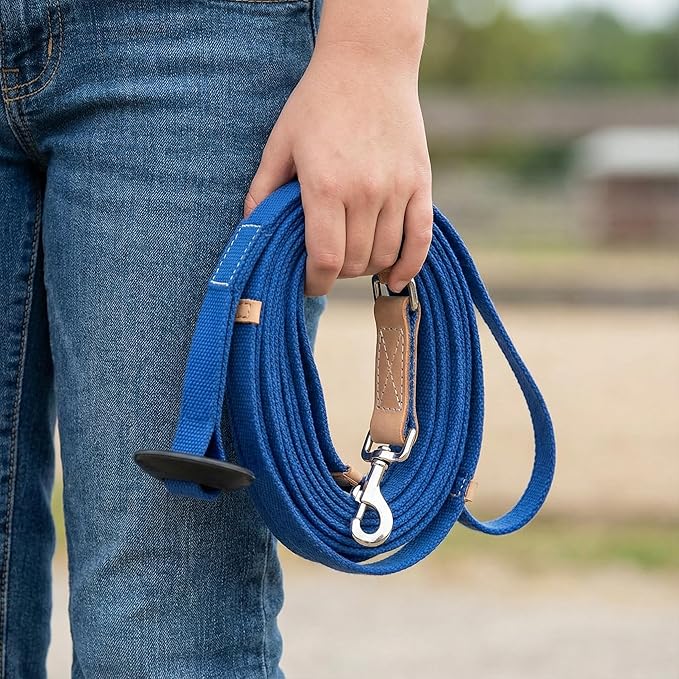 35' Flat Cotton Web Lunge Line with Bolt Snap & Rubber Stop - By Southwestern Equine (35', Sapphire)