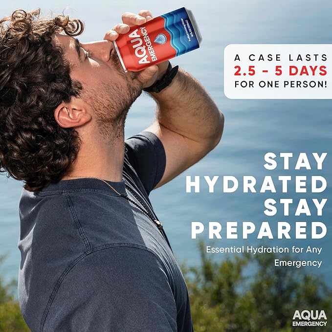 Aqua Emergency Drinking Canned Water- (2400 Cans) 12 fl Oz (50 Years) Shelf Life for Everyday Hydration, Emergency, Survival Use-Purified via Reverse Osmosis | Plant-Based, BPA Free, Eco-Friendly Packaging, Made in USA -100 Case