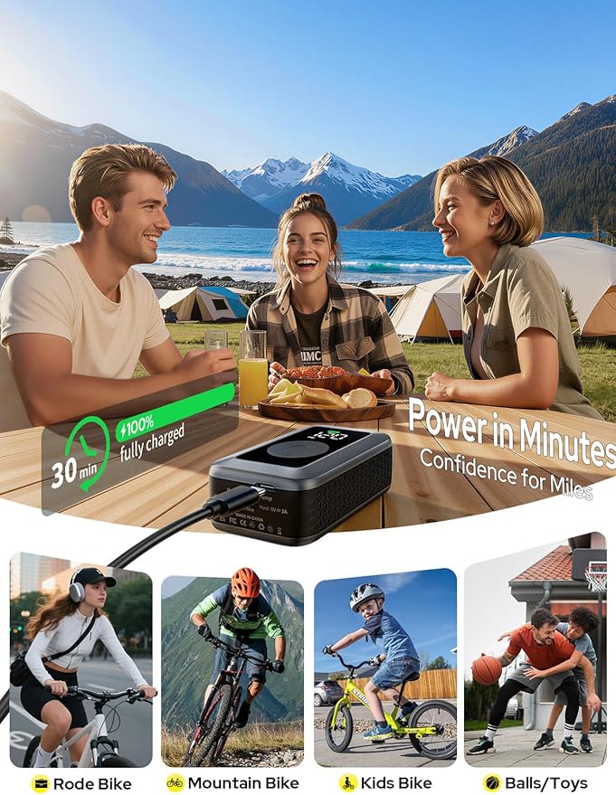 Mini Bike Tire Pump, 120PSI Portable Electric Bicycle Air Pump with Digital Gauge & Auto-Stop, 20s Faster Inflation for Road Bike, Mountain Bike, E-Bike – Presta/Schrader Valve Compatible