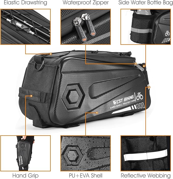 West Biking Bike Rear Seat Bag, Double Water Resistant, Zipper, Bicycle Trunk Pannier, 8.6L Capacity Waterproof Backseat Carrier Cargo Pouch with Strap & Rain Cover For Cycling
