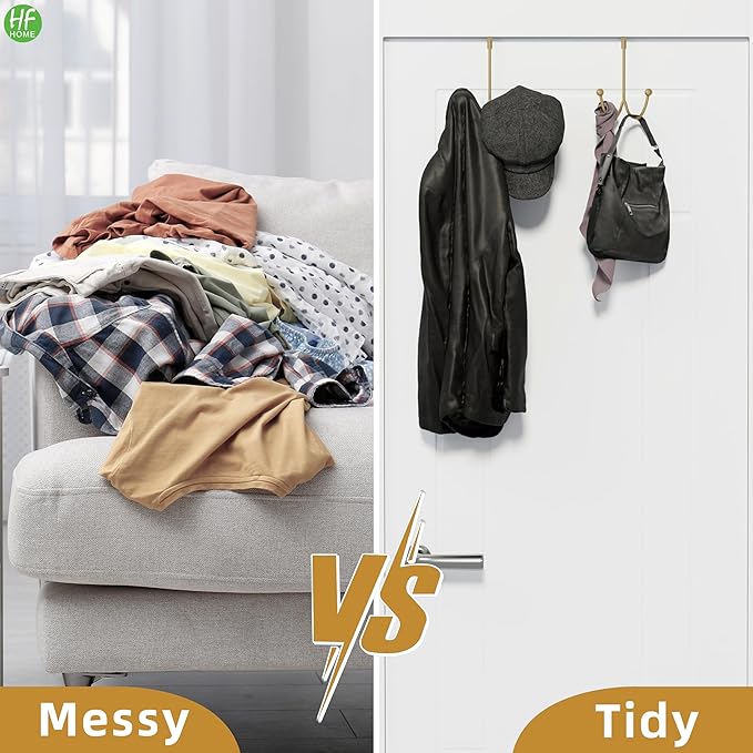 HFHOME 4 Packs Over The Door Double Hanger Hooks, Metal Twin Hooks Organizer for Hanging Coats, Hats, Robes, Towels- Gold