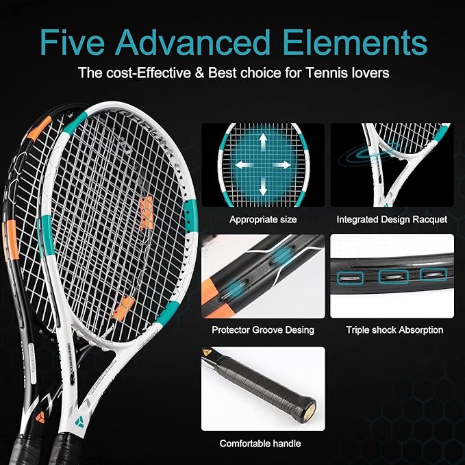 PRO-500 Adult Tennis Rackets, 2-Pack Pre-Strung Racquets for Beginners & Intermediate with Carry Bag & 2 Balls, 105 Sq Inch Oversized Head for Women & Men, Arm Friendly Vibration Control