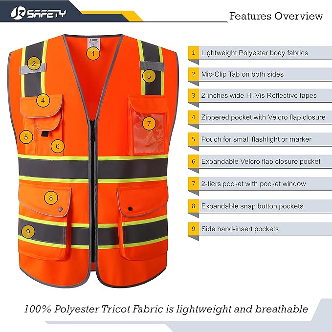 JKSafety 9 Pockets High Visibility Zipper Front Safety Vest | Orange with Dual Tone High Reflective Strips | Meets ANSI/ISEA Standards (901-Orange, X-Large)